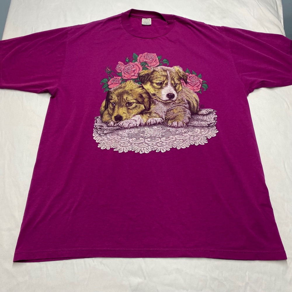 Vintage Cotton Grove Designs Puppy Dog Roses Graphic T-Shirt Magenta XL USA Made